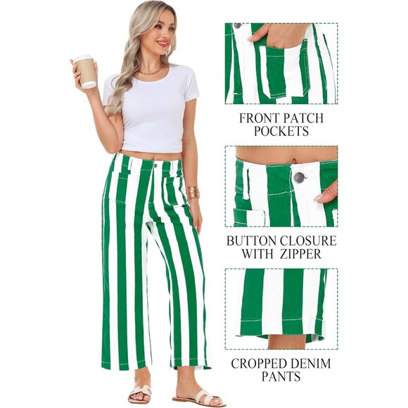 Women Striped Cropped Jeans Stretchy High Waist Wide Leg Pants Casual - Picture 2 of 7